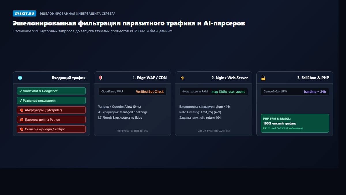 Эшелонированная архитектура фильтрации паразитного бот-трафика в Cloudflare WAF, Nginx и Fail2ban