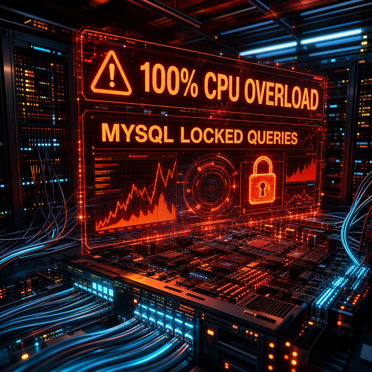 3D-концепт высоконагруженного сервера баз данных MySQL под пиковой нагрузкой CPU
