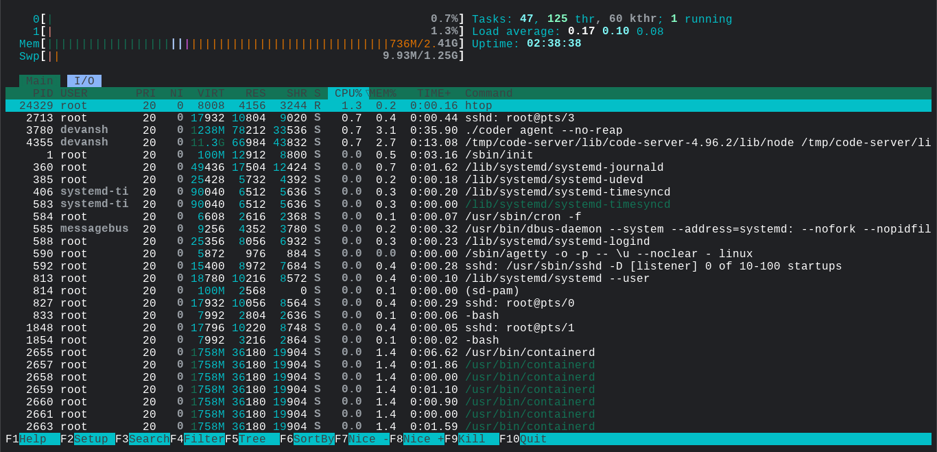 Мониторинг процессов и ресурсов на виртуальном сервере Selectel (htop)